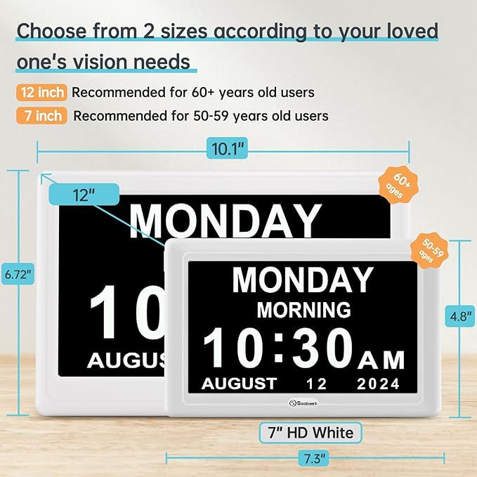 Soobest Digital Dementia Alarm Clock for Seniors Elderly, Electric Large Display Date Day of Week Time Calendar Clock 20 Reminders 3 Ringtones for Memory Loss Alzheimers, Auto DST/Dimmer, 1024*600P HD