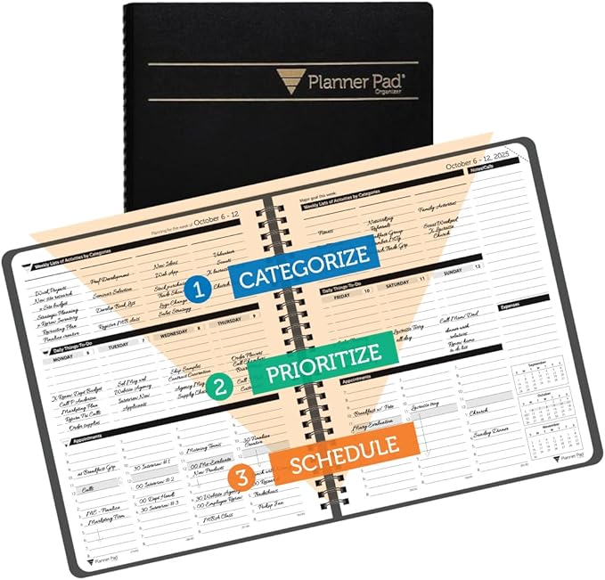 Planner Pad Spiral Bound 3-Tier Funnel Down 12 Month Organizer, October 2025 – September 2026, Black Cover/Black Ink, 6 3/4" x 8 1/2"