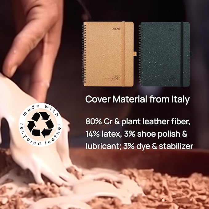 POPRUN 2026 Planner - 2026 Recycled Weekly Planner [Italian Regenrated Leather - Medium Size 6.5'' x 8.5''] - 2026 Weekly Planner with Hourly Schedule, Monthly Tabs,TJ-26-WERO7-BGY - Black Grey