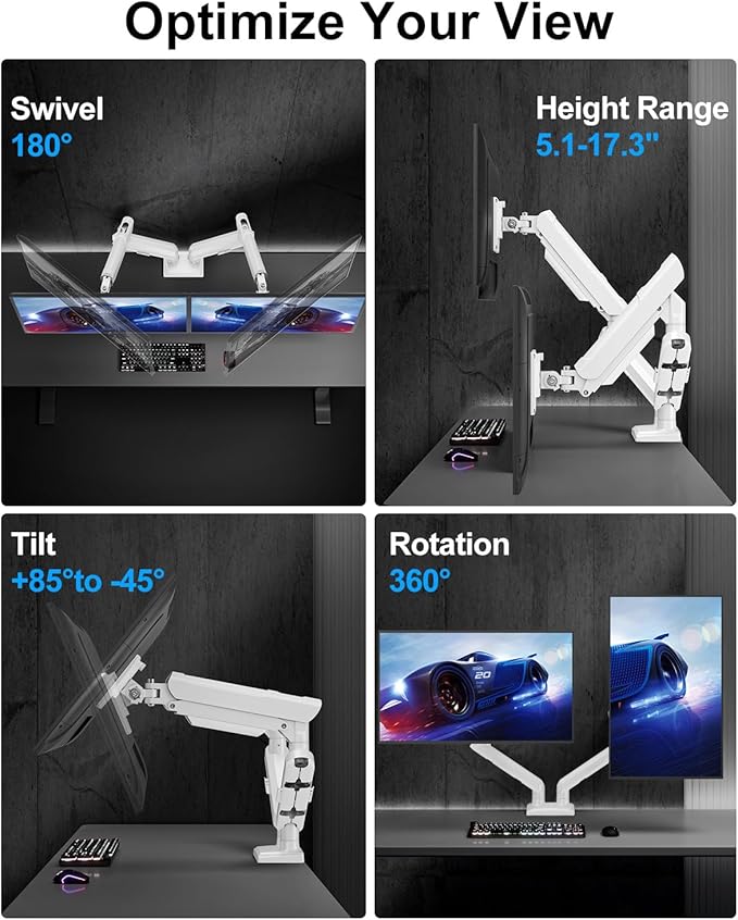 Dual Monitor Arm Fits 17 to 32 Inch Computer Screen, 22lbs per Arm, Full Motion Monitor Desk Mounts for 2 Monitors, Gas Spring Desk Mount, VESA Mount White, Freelift Pro