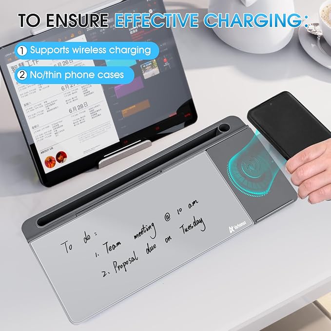 Varhomax Glass Desk Whiteboard with Wireless Charger, Desktop Dry Erase White Board with Storage, to Do List Memo Notepad for Home and Office (Gray)