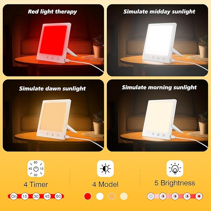 Light Therapy Lamp with Red & White Light - 10000 Lux LED Sun Light Therapy Lamp for Face, Improving Mood, Energy, Sleep & Skin Care, with 4 Light Modes & 5 Brightness Levels, Timer, UV-Free