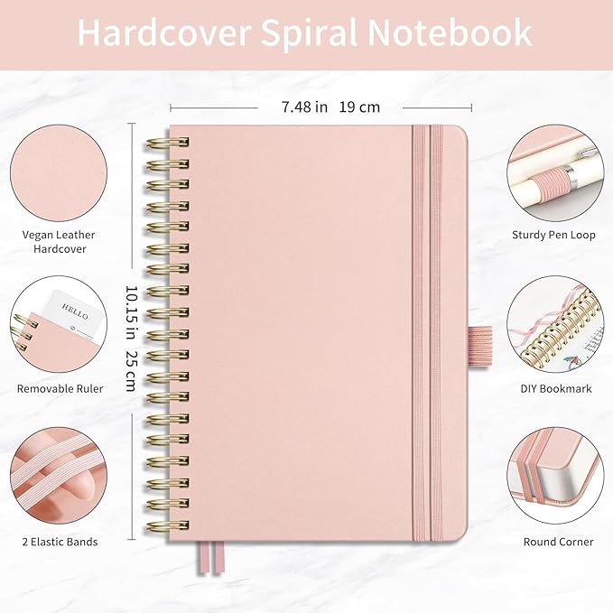 EMSHOI Dotted Journal Spiral Notebook - 300 Pages, B5 Hardcover Leather, 100 GSM Thick Dot Grid Notebook for Women Men Work Writing, Journaling, Drawing, 7.48" x 10.15", Rose Gold