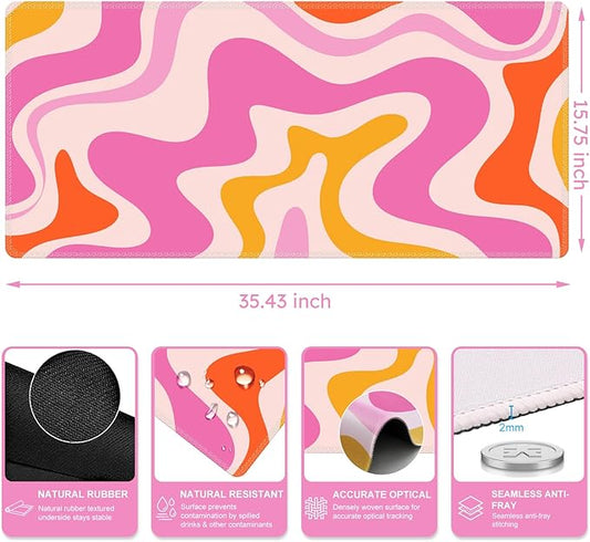 iCasso Large Mouse Pad (35.4x15.7 in), Desk Mat Gaming Mousepad with Stitched Edges, Keyboard Mouse Mat Desk Pad for Work, Game, Office, Home-Pink Topographic