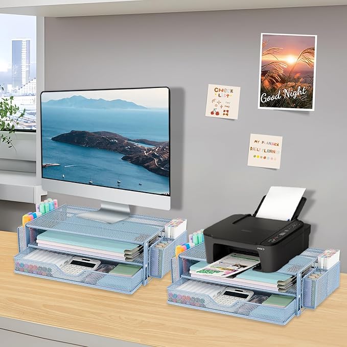 AUPSEN Computer Monitor Stands Riser，2-Tier Desk Organizers and Accessories, Office Desk Accessories Organizer with Drawers and 2 Pen Holder for Office Supplies (Blue)