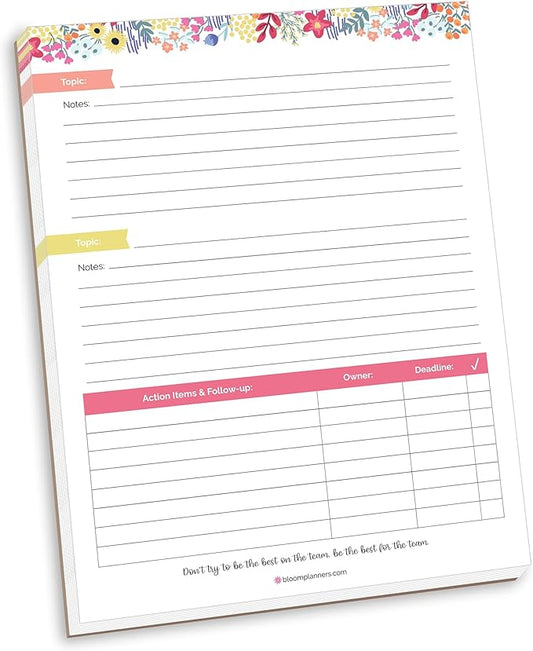 bloom daily planners 8.5" x 11" Double Sided Meeting Pad - Topics, Takeaways, Action Items & Follow-Ups - Undated Meeting Notes Agenda Organizer