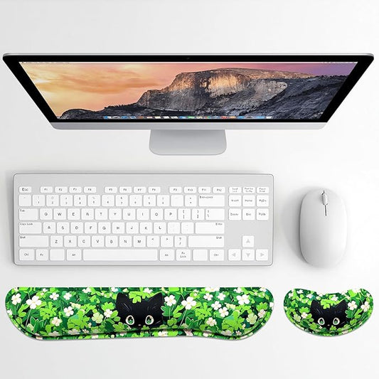 Dapesuom Enlarge Keyboard Wrist Rest, Memory Foam Wrist Cushion for Desk Mats Support, Typing Pain Relief Keyboard Mouse Pad Rests Set with Non-Slip Base for Gaming Laptop Computer, Anime Grass Cat