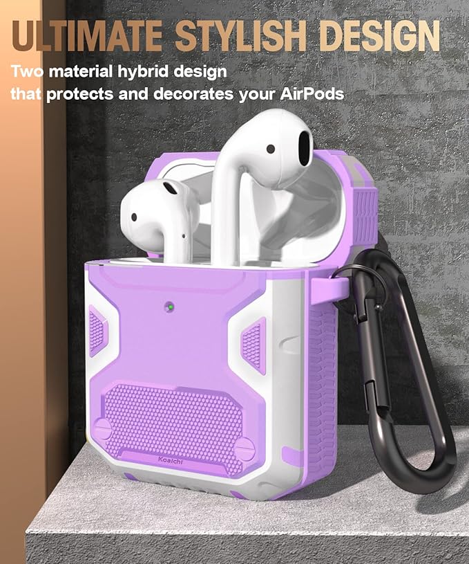 Koaichi Compatible with AirPods Case, Full-Body Rugged Hard Shell Protective Case Cover with Keychain Designed for AirPods 1st & 2nd, Purple/White