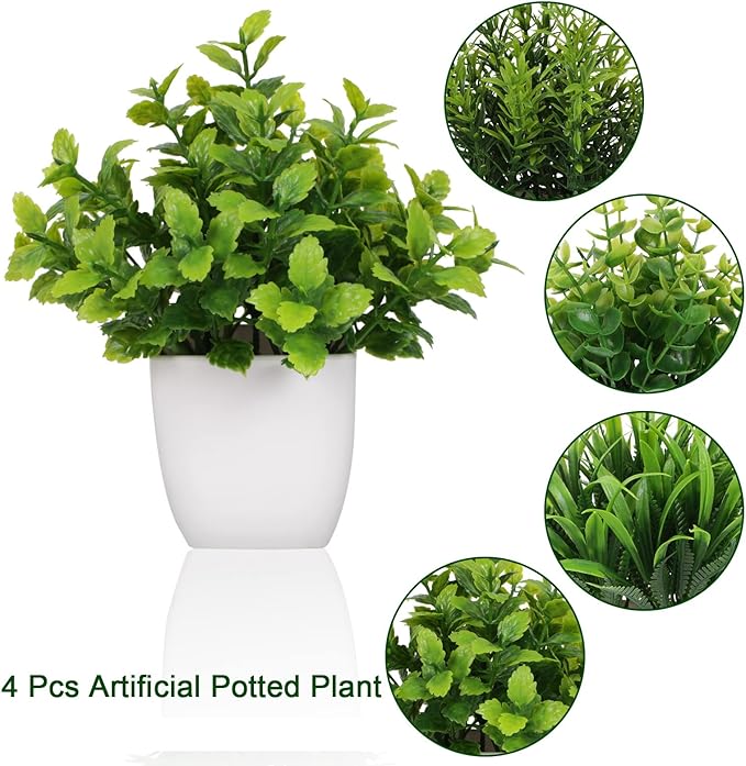 4 Pot Small Fake Plant Flowerpot Artificial Plastic Eucalyptus Plant Wheat Grass Shrub Plant Indoor Desk Coffee Table Bathroom Bedroom Home Decoration (4)