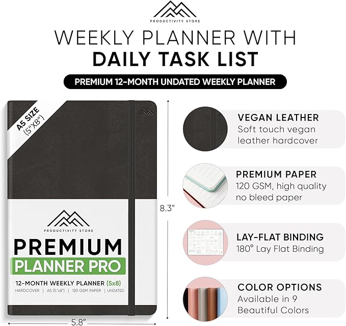 PRODUCTIVITY STORE Pro - Undated, 2025 Planner, 5.8” x 8.3” - The #1 Productivity Planner to Achieve Your 2025 Goals - Planner 2025-2026 - Black - A5