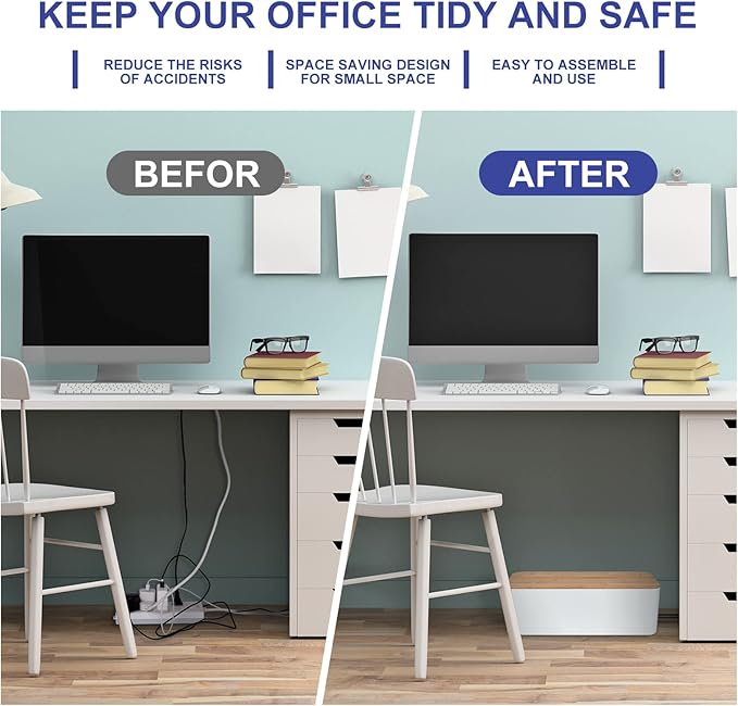 Cable Management Box - Wooden Style Large Cord Organizer Box to Hide Wires & Power Strips | Desk Computer Cable Organizer Box | Safe ABS Material |16" (L) x 6.2" (W) 5.3" (H)|for Home & Office - White