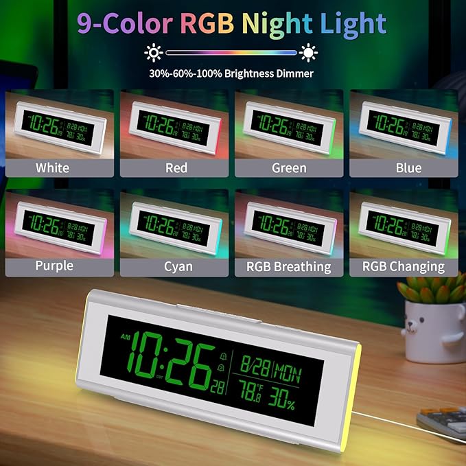 Digital Alarm Clocks for Bedrooms, LED Desk Clock with RGB Night Light, Brightness Dimmer, Date, Week, Temperature Large Display, Modern Decor for Desk, Office, Gift for Kids, Teen, Adults (Silver)