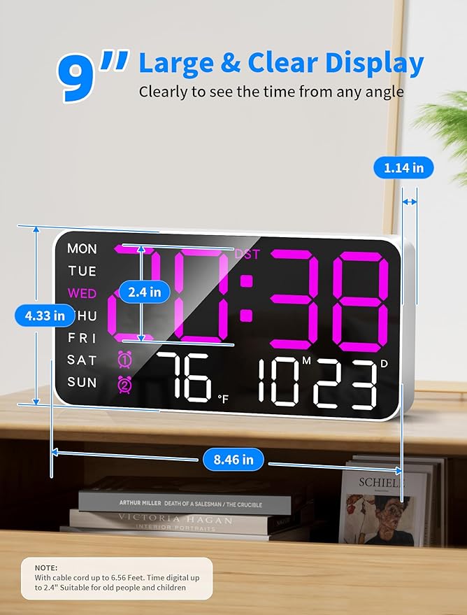 MASHI 8.4''Large Digital Wall Clock, Led Alarm Clock with Big Digits, Date, Temperature, DST, Modern Decor Design for Desk,5-Level Brightness for Room, Bedroom, Gift, Yougster and Elderly (Purple)