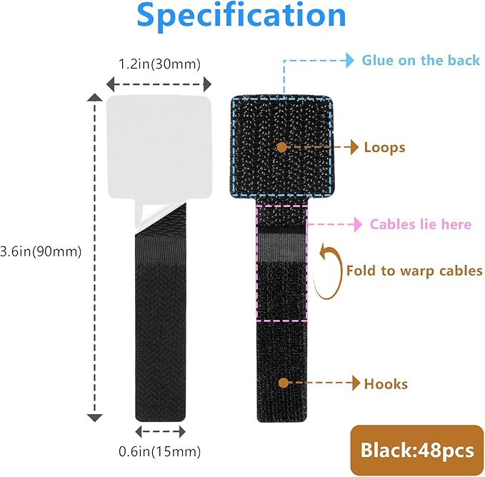 Desk Cable Management, Wire Organizers for Cords - Upgrade 48 PCS Black Sticky Back Self Adhesive Cable Ties, Hook and Loop Straps for Home or Office Use