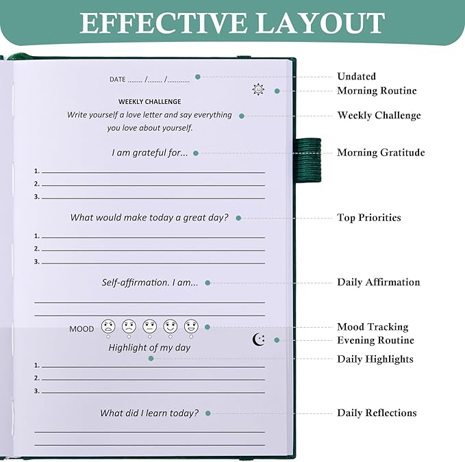 Gratitude Journal with 4 Inspirational Stickers: Undated Daily Gratitude Journal for Women and Men - More Happiness, Affirmation, and Mindfulness in A Few Minutes with Prompts & Quotes (Green)