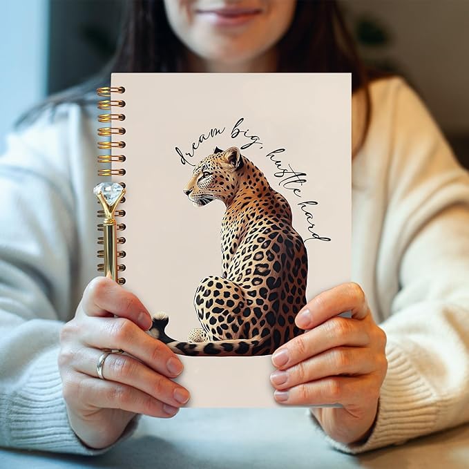 Trendy Inspirational Leopard Notebook, Funky Cheetah Print Journaling Notebook, Modern Aesthetic Leopard Journal, Dream Big Hustle Hard Positive Quote Cheetah Spiral Notebooks 5.5x8.3 Inch