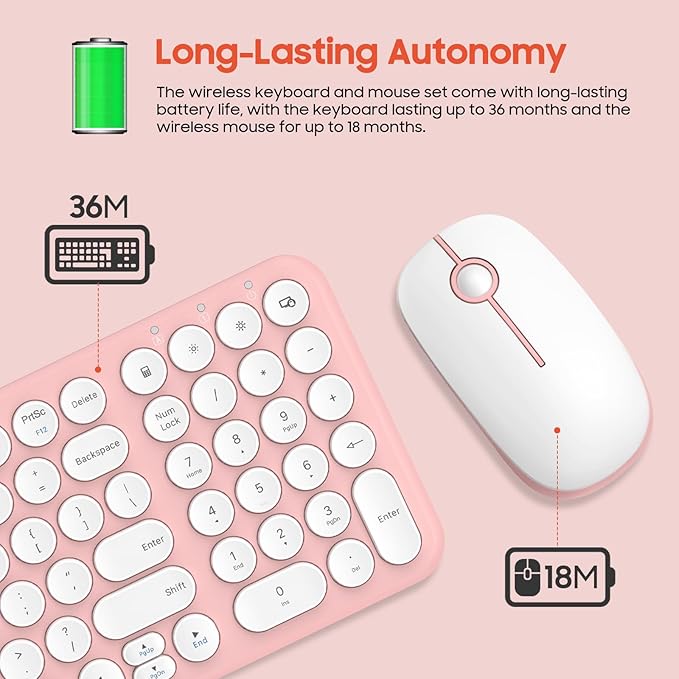 Wireless Keyboard and Mouse Combo, XTREMTEC Cute Compact -Size Pink Retro Round Keycap, Ultra Thin Quiet 2.4GHz Retro Kawaii Keyboard for Mac/PC/Laptop (Sakura Pink)
