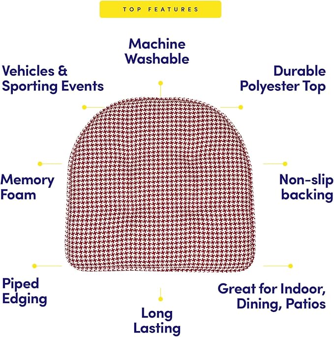 Sweet Home Collection Chair Cushion Memory Foam Pads Tufted Slip Non Skid Rubber Back U-Shaped 17" x 16" Seat Cover, 4 Count (Pack of 1), Houndsooth Red