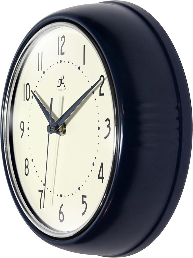 Infinity Instruments Retro 9.5 Inch Round Indoor Wall Clock, Navy Blue