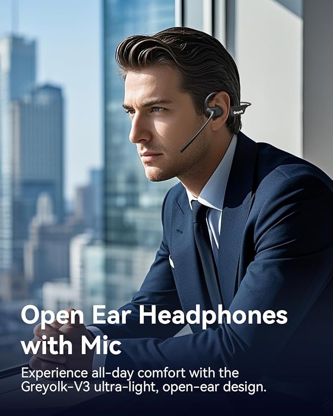 Open Ear Headphones with Mic, Bluetooth Headset with AI Noise Cancellation Microphone Air Conduction Headphones Bluetooth 5.4 Wireless Headset with Mic for Work Call Meeting Driving Sports（Black）