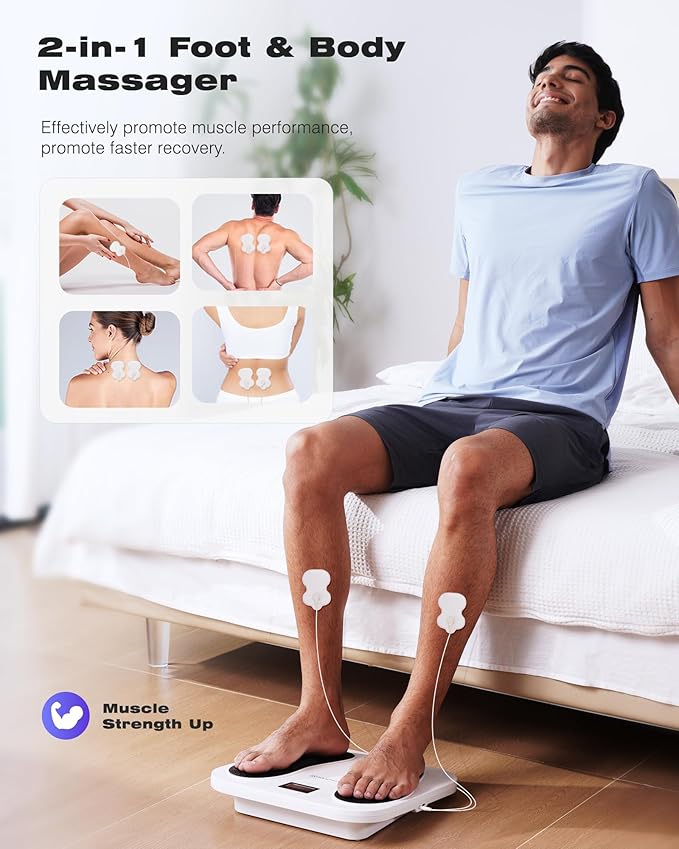 KINGJOY Foot Massager for Neuropathy, Rechargeable EMS TENS Foot Stimulator with 10 Modes 20 Intensities for Circulation Plantar Fasciitis & Swelling Pain Relief, Gifts for Women Men-White