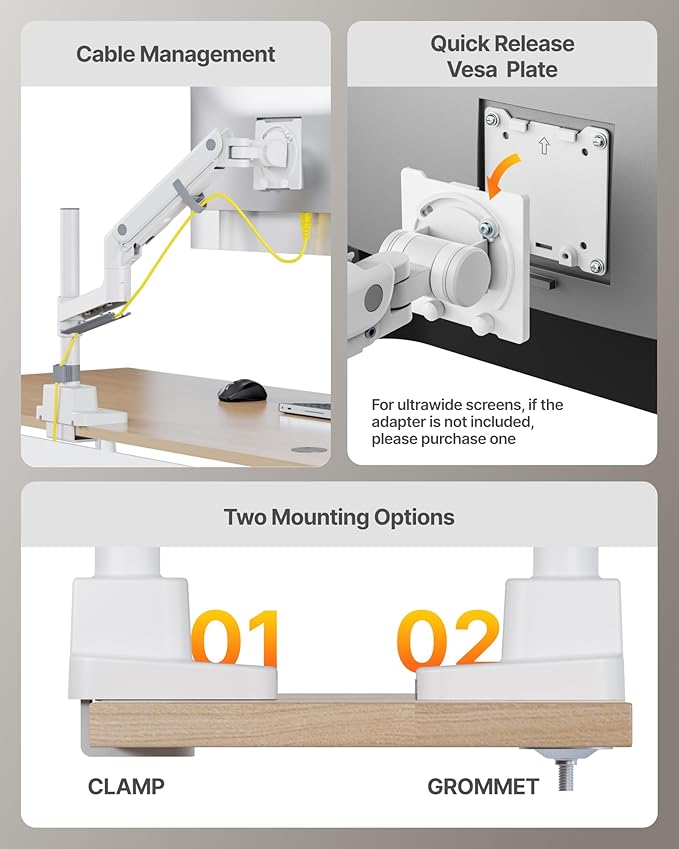 monTEK Heavy-Duty Single Monitor Arm for 17-57 inch, up to 59.4lbs Ultrawide Screens,Gas Spring Dual Curved Adjustable Monitor Stand for Desk,75/100mm VESA Mount with USB，White