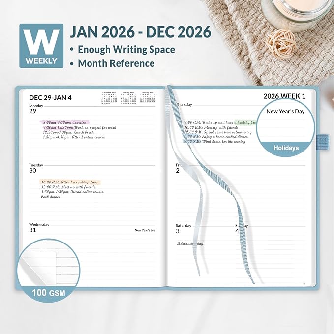 SUNEE 2026 Weekly & Monthly Hardcover Planner 5.5" x 8.3" - 12 Month (January 2026 - December 2026), Small Hardcover Planner, Pocket, Notes, 100 GSM Paper, Gray Blue
