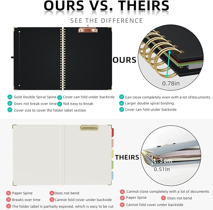 Ospelelf Clipboard with Storage 8.5 X 11，Padfolio Organizer, Spiral Portfolio Letter Size with Notepad, Pen Holder, 5 Extra Folder Divider Pages, Elastic Closure Nurse Office Essentials (Black)