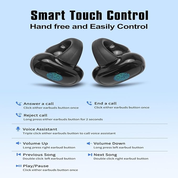 Ear Clip Wireless Earbuds Open Ear Headphones Bluetooth with Touch Control AI Noise Cancelling 30Hrs Playtime IPX4 Waterproof Lightweight Comfort Unisex for Sports Running & Workouts