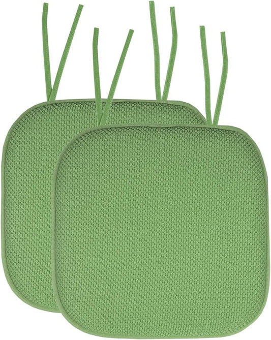 Sweet Home Collection Chair Cushion Memory Foam Pads with Ties Honeycomb Pattern Slip Non Skid Rubber Back Rounded Square 16" x 16" Seat Cover, 2 Pack, Green