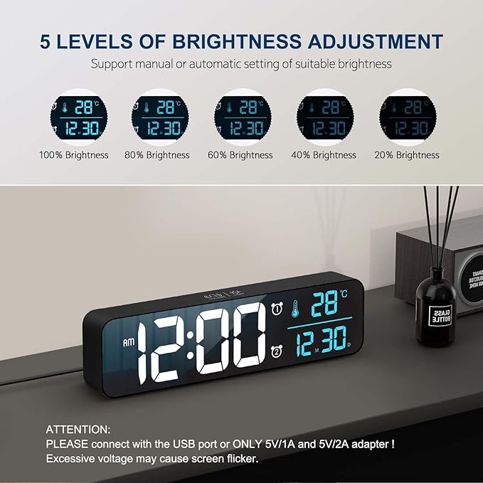 Digital Clock, Clock for Bedroom, Digital Wall Clock, Clocks for Living Room Decor, Desk Clock, Table Clock, Digital Clock Large Display, Smart Alarm Clock for Office Blue (Wired Black+Blue Digit)