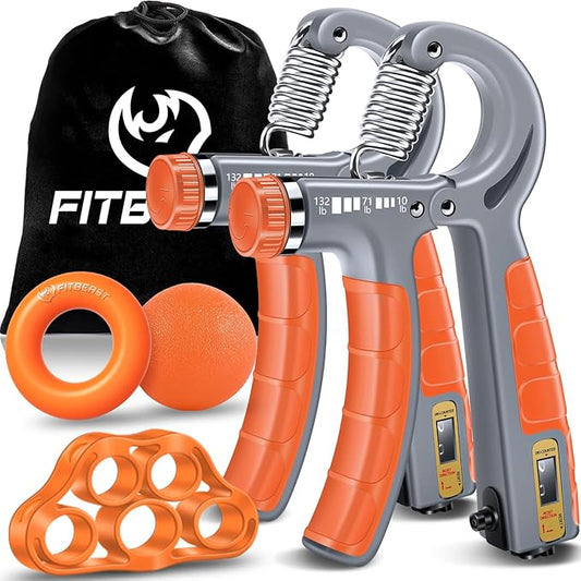 FitBeast Hand Grip Strengthener Workout Kit (5 Pack), 2 Forearm Grip Adjustable Resistance Hand Gripper, Finger Stretcher, Grip Ring & Stress Relief Grip Ball for Athletes