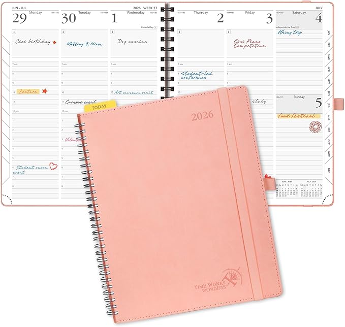 POPRUN 2026 Planner (Large - 8.5" x 10.5") with Hourly Schedule, Vertical Layout - 2026 Weekly Calendar (Jan. 2026 - Dec.2026) for Time Management, Monthly Tabs, Spiral Bound, Soft Cover - Pink