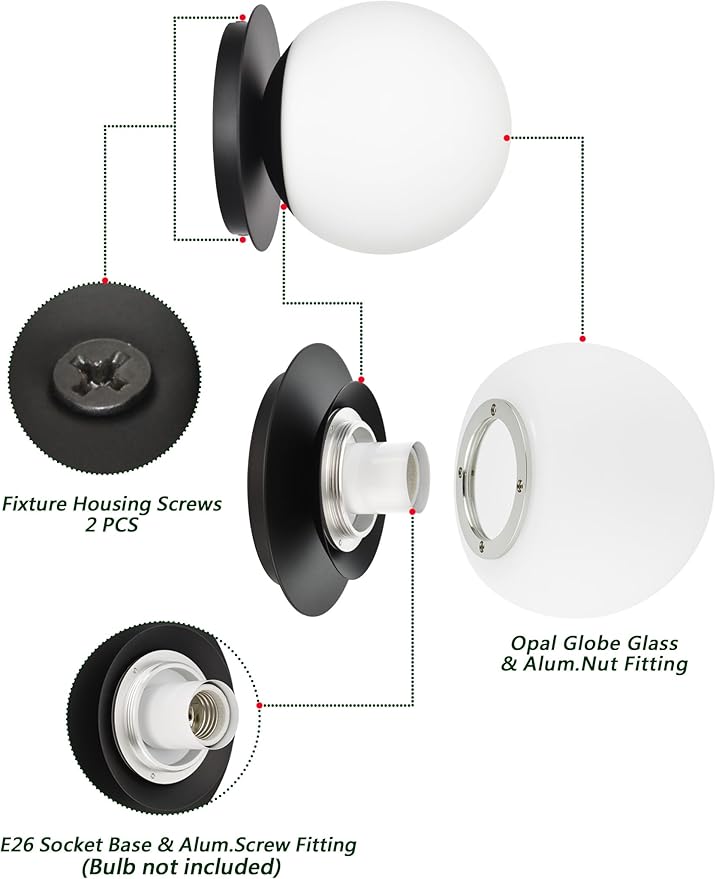 Wall Sconces, 1 Light Modern Globe Sconce in Matte Black, Wall Light for Bedroom Bathroom Living Room & Hallway Vanity Lighting, Ceiling Light Fixture