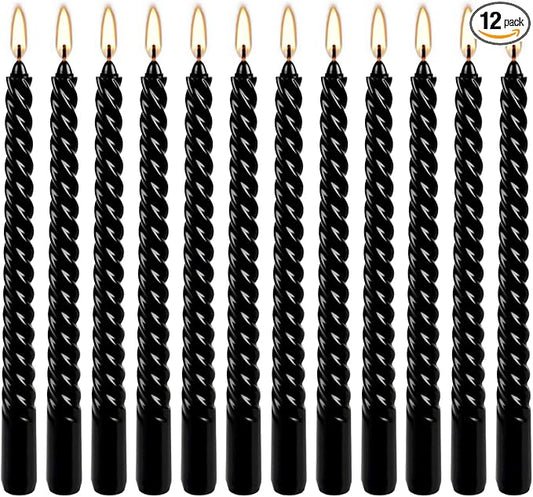 12-Pack 10' Tall Black Spiral Taper Candle Set - Dripless, Smokeless for Halloween&Christmas, Unscented Candlesticks, Dripelss Tapered Candles for Table Rituals,Memorial Prayer Wiccan Rituals.