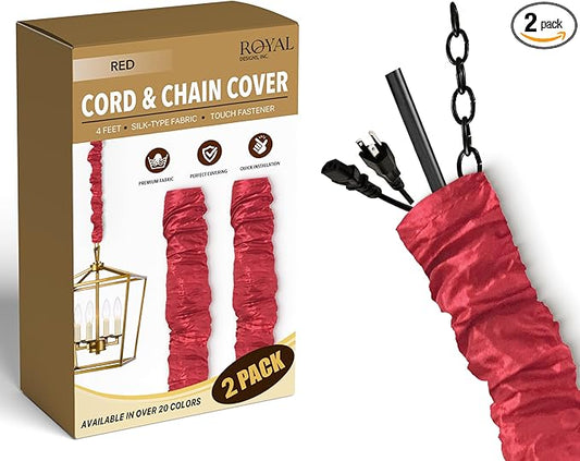 Royal Designs, Inc. Cord & Chain Cover 4 ft Silk Type Fabric, Chandelier Pendant Lighting Chain & Cable Management, Touch Fastener, Red - 2 Pack