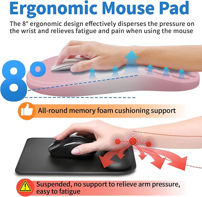 Ergonomic Mouse Pad with Wrist Rest Support, Mousepad with Comfortable Memory Foam Wrist Rest and Non-Slip PU Base for Pain Relief, Computer, Laptop, Office, Home (Gradient Pink)