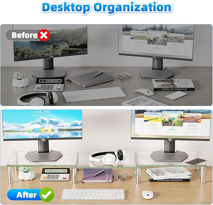 Simple Trending Dual Monitor Stand Riser, Computer Office Desktop Organizer for 2 Monitors with Tempered Glass, Adjustable Length and Angle Stand for Laptop,Printer,TV