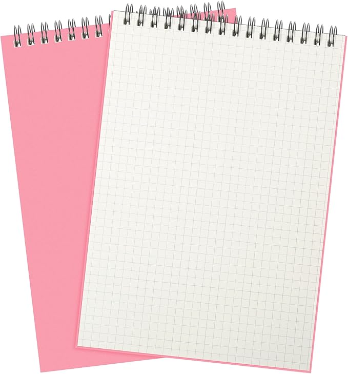 2 Pack Graph Paper Spiral Notepad A5 Top Wirebound Notepad Grid Notebook Steno Pads Memo Notebook Grid Paper 140 Pages for Writing Sketching Drawing Office Supplies (Pink)