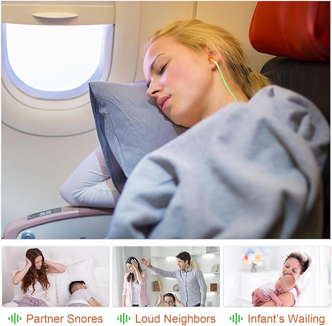 Tondiamo 200 Pairs Ear Plugs Reusable Silicone Earplugs with Cord Sleeping Individually Wrapped Hearing Protection Noise Cancelling Earplugs for Work Construction Shooting Sports(Orange, Green)