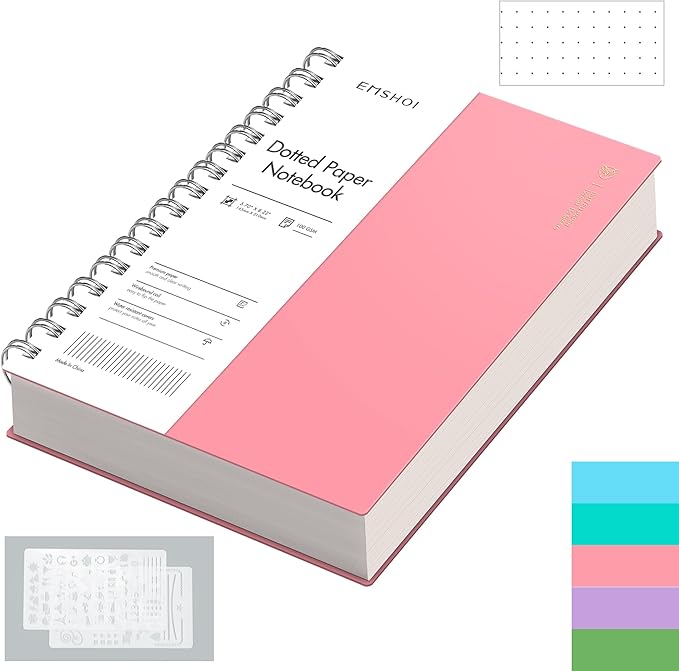 EMSHOI A5 Spiral Notebook Bullet Dotted journal, Small 5.7" X 8.22", 300 Pages/150 Sheets, 100gsm Dot Grid Paper, Waterproof Hardcover, for Office School Women Men Work Writing Notes-Pink