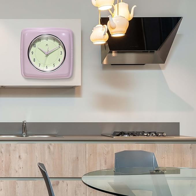 Infinity Instruments Square Retro Wall Clock, Pastel Pink, 9.25"