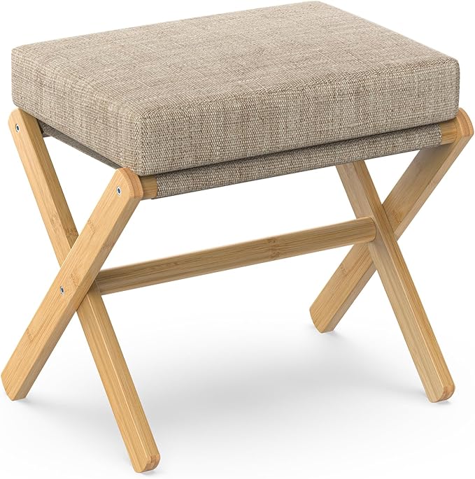 Foldable Foot Stool Ottoman, Modern Foot Rest with Bamboo X Legs & Thick Foam Cushion, Folding Foot Stools Small Padded for Bedroom Living Room, Makeup Vanity Stool Chair (Natural - Brown)