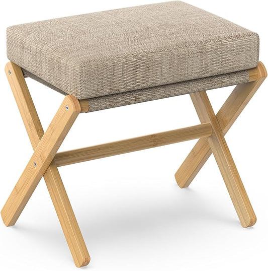 Foldable Foot Stool Ottoman, Modern Foot Rest with Bamboo X Legs & Thick Foam Cushion, Folding Foot Stools Small Padded for Bedroom Living Room, Makeup Vanity Stool Chair (Natural - Brown)