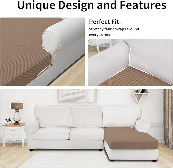 Easy-Going Stretch Sectional Couch Covers 1 Piece Chaise Lounge Slipcover L Shape Separate Cushion Couch Seat Chaise Cover for Both Left/Right Sectional Couch Camel