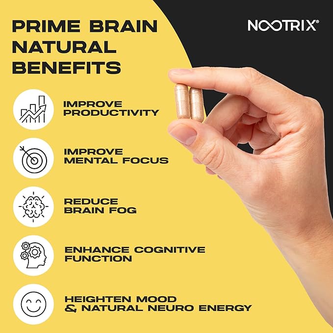 Prime Brain Nootropic Supplement | Supports Memory, Mental Focus, Cognitive Health & Energy | Promotes Healthy Mood & Brain Function | Ginkgo Biloba, Lion's Mane & L Theanine | 90 Capsules