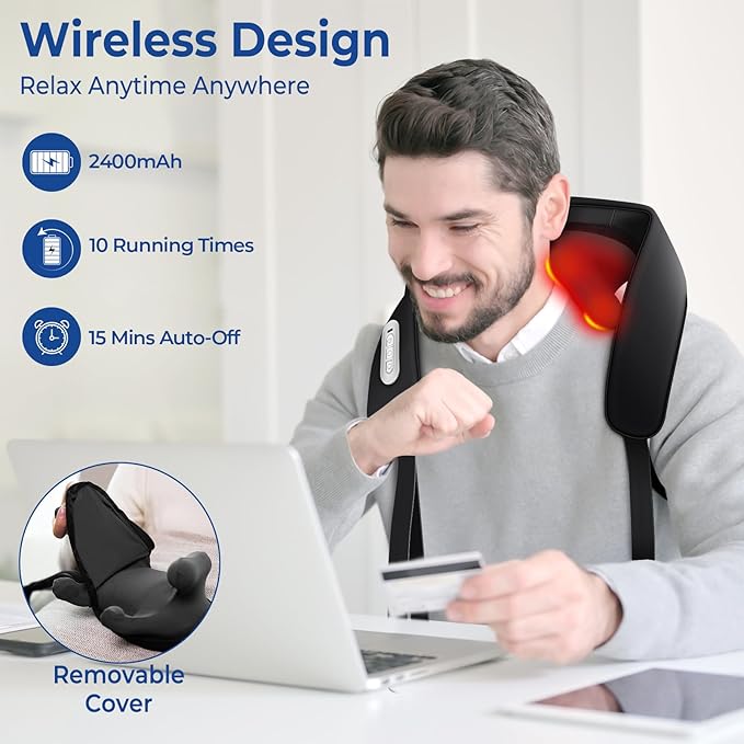 KingPavonini Width Adjustable Neck Massager with 5 Heat Zone, Wireless 6D Shiatsu Shoulder Massager for Pain Relief Deep Tissue, Massager for Neck and Shoulder Pain, Gifts for Men Women Dad Mom