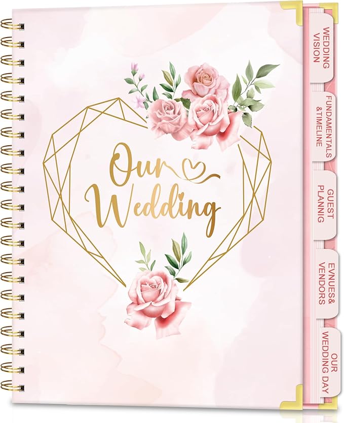 Wedding Planner For Bride-Bridal Wedding Planning binder With 5 Tabbed Sections+Wedding Countdown Calendar,Unique Engagement Gifts For Couples,Pink Love