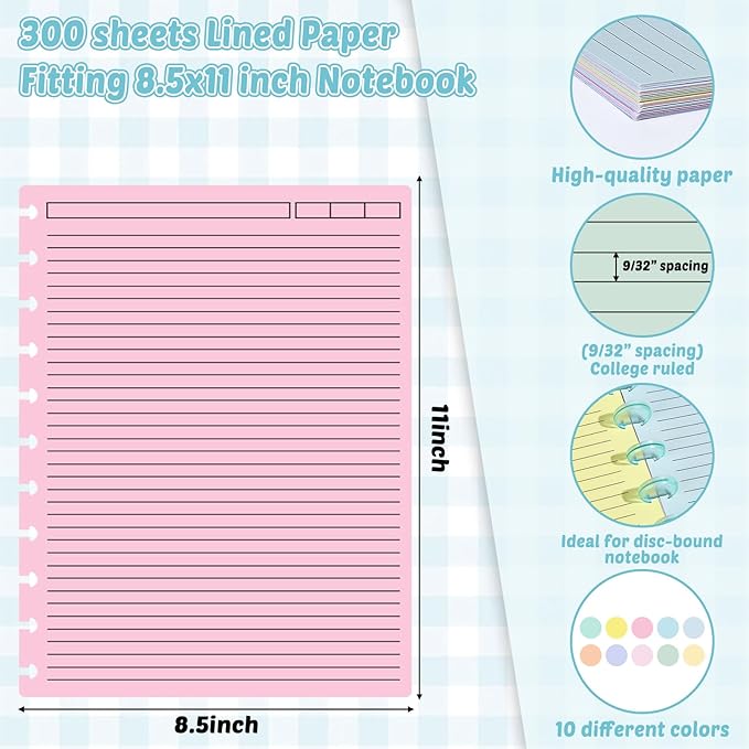gisgfim 300 Sheets Letter Size Discbound Lined Refill Paper 8.5 x 11 Inch College Ruled Notebooks Planner Inserts 11 Disc Discbound Loose Leaf Paper Thicken for Writing School Office Supplies(Macaron)