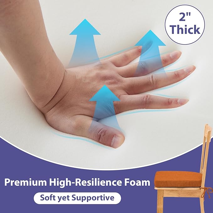 Chair Cushions for Dining Chairs with Ties and Removable Cover, Dining Kitchen Chair Pads with Non-Slip Bottom, High-Resilience Indoor Seat Cushions, 16'' x 16'' x 2'', Set of 4, Rust